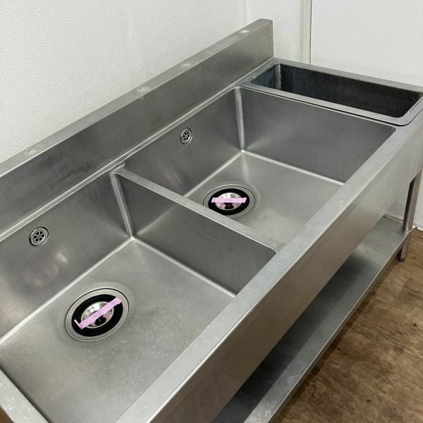 (250227)【50％値下げ】　タニコー　ダスト・水切り付き２槽シンク　厨房用品　W2100×D600×H810 タニコーTRE-2SD-120L|ダスト付二槽シンク|シンク|作業機器・板金類